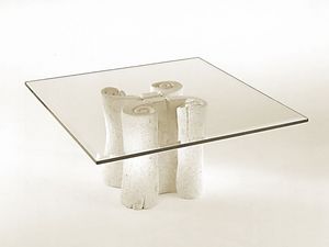 Pergamena, Table basse avec plateau carr en verre, base en pierre