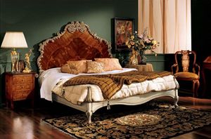 Barocco bed 796, Lit double avec tte de lit en bois marquet, style classique