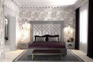 Intrigue lit avec 3 panneaux verticaux, Lit avec tte de lit avec 3 panneaux, avec motifs gomtriques