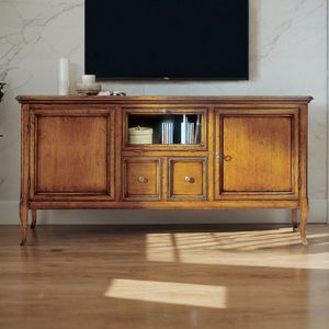 Glamour GLAMO726, Meuble TV avec deux portes, 2 tiroirs et abattant en verre