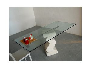 Flex tab, Table avec base en pierre taille et plateau en verre