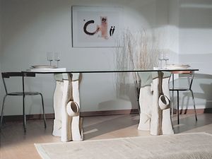 Magellano, Table  manger avec plateau en verre et base en pierre