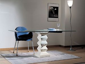 Stone, Table avec plateau en verre, pilier de pierre