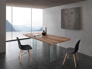 Art. 704VE Bio-Glass, Table avec pieds de verre, haut en bois de frne massif