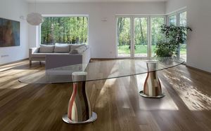 NARCISO E3.0 OVAL, Table ovale, 2 bases en bois, plateau en verre