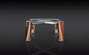 ORFEO, Table carre, plateau en verre, structure en bois