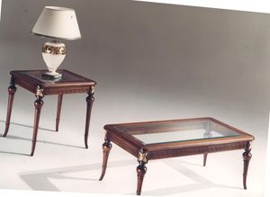 3040 TABLEAU, Table basse rectangulaire en bois marquet, plateau en verre