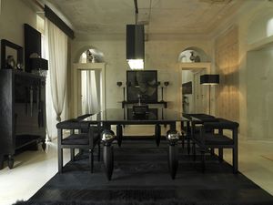 Rettangolo, Table classique avec jambes de verre et de sol en bois, dcor