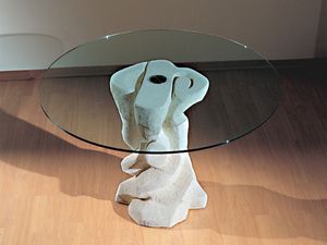 Mezzaluna Flangia, Table ronde avec base en pierre, plateau en verre