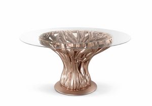 FICUS 2023-42 Table, Table-sculpture avec base sculpte et plateau en verre