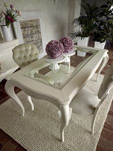 Giulietta table, Table  manger en bois blanc, plateau en verre